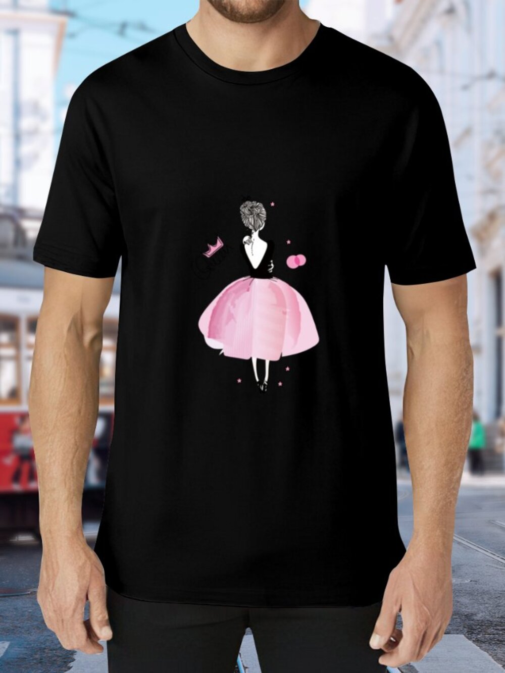 Black Short Sleeve Tee with Pink Dress Illustration